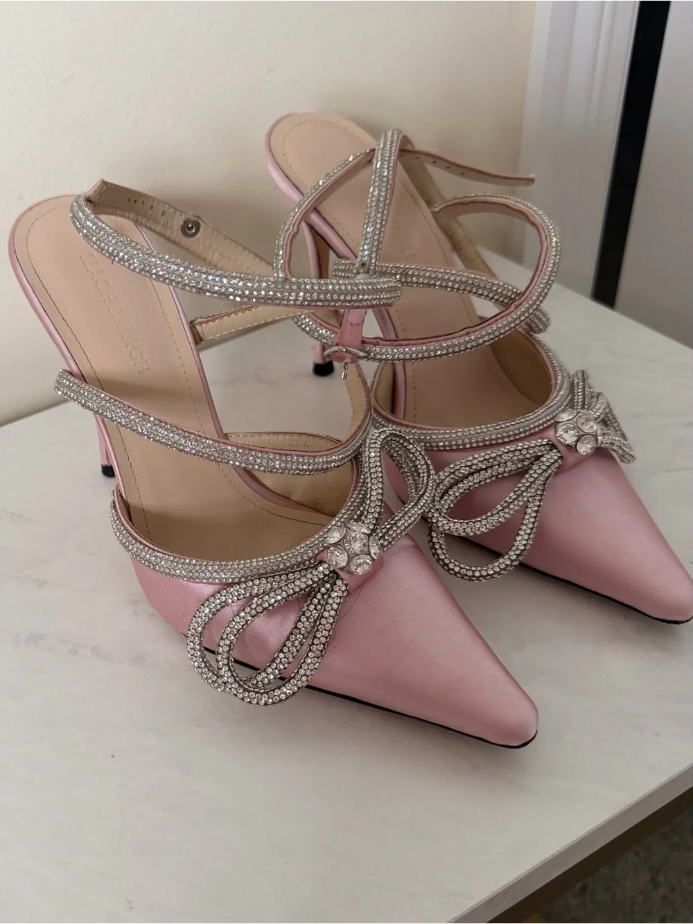 MACH & MACH Pink Satin Crystal Bow Ankle-Strap Pumps
